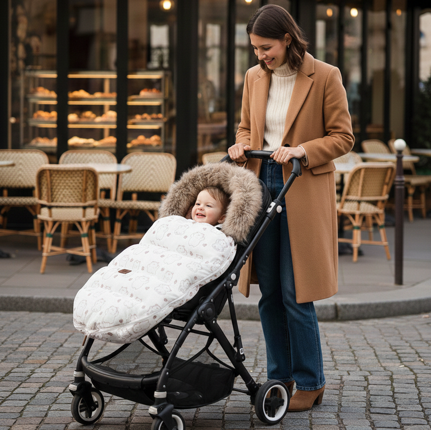 Chancelière Poussette Hiver Universelle Bébé Polaire Fourrure Coupe-Vent devant le café