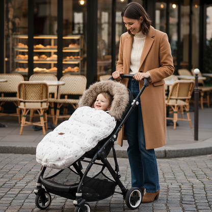 Chancelière Poussette Hiver Universelle Bébé Polaire Fourrure Coupe-Vent devant le café