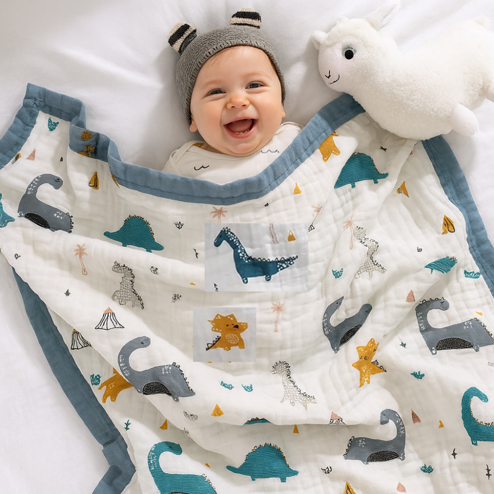 couverture bébé naissance mousseline coton 110x110 mousselina Dinosaure