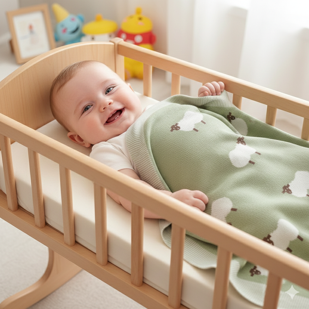 Couverture Bébé Tricot en Coton 100x80 cm Moutons dans berceau