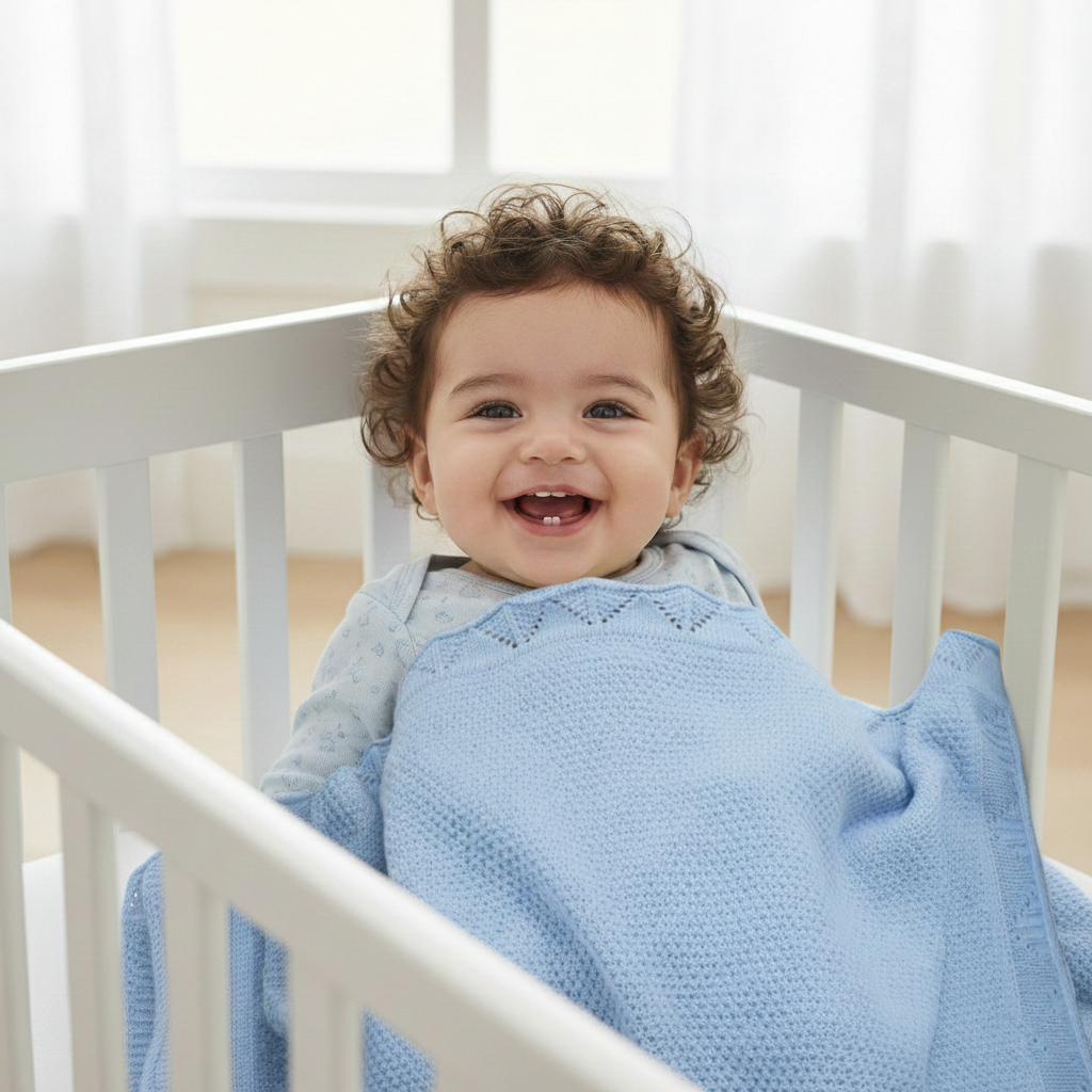Couverture Bébé Tricot en Coton 100x80 cm Ajourée et Douce dans le lit