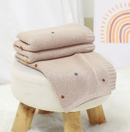 Couverture Bébé Tricot en Coton 70x90 cm Pompons Colorés beige