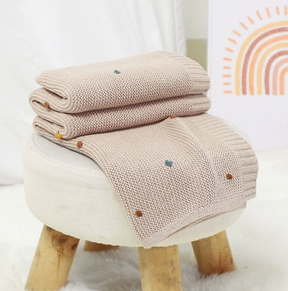 Couverture Bébé Tricot en Coton 70x90 cm Pompons Colorés beige