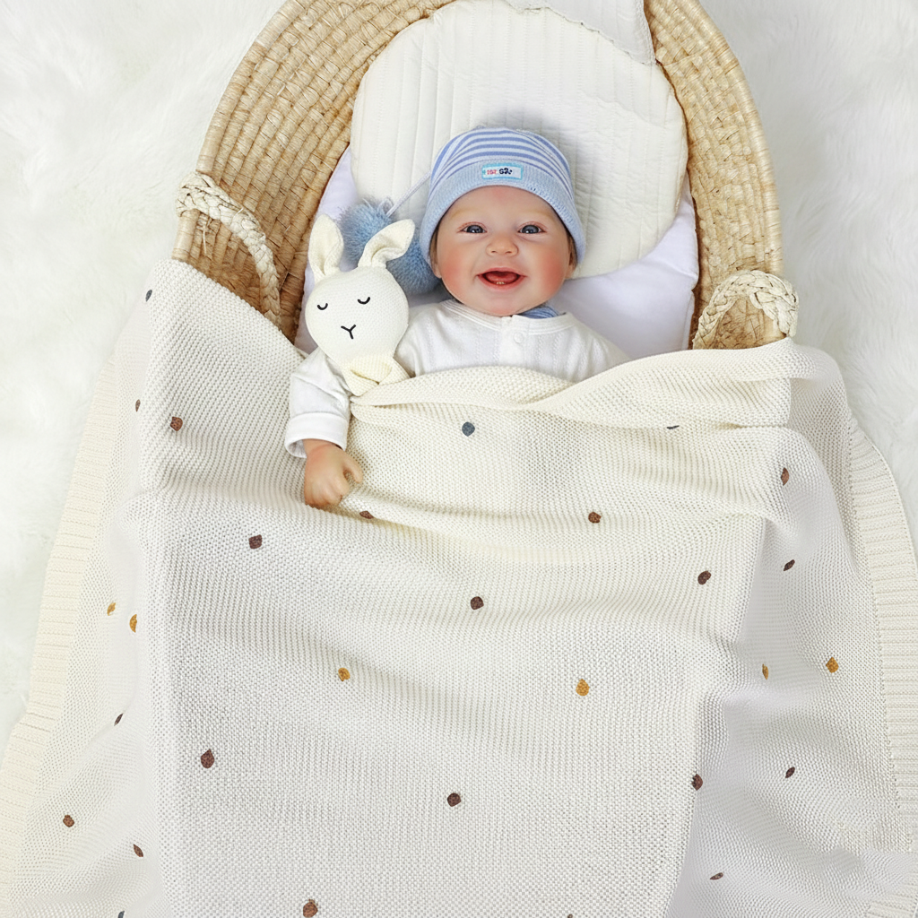 Couverture Bébé Tricot en Coton 70x90 cm Pompons Colorés berceau