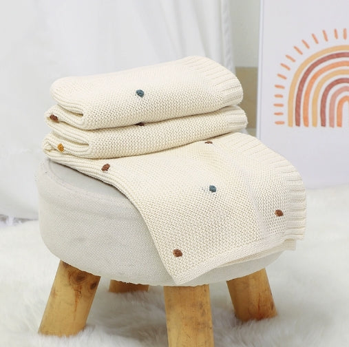 Couverture Bébé Tricot en Coton 70x90 cm Pompons Colorés blanc