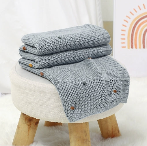 Couverture Bébé Tricot en Coton 70x90 cm Pompons Colorés bleu