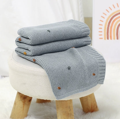 Couverture Bébé Tricot en Coton 70x90 cm Pompons Colorés bleu