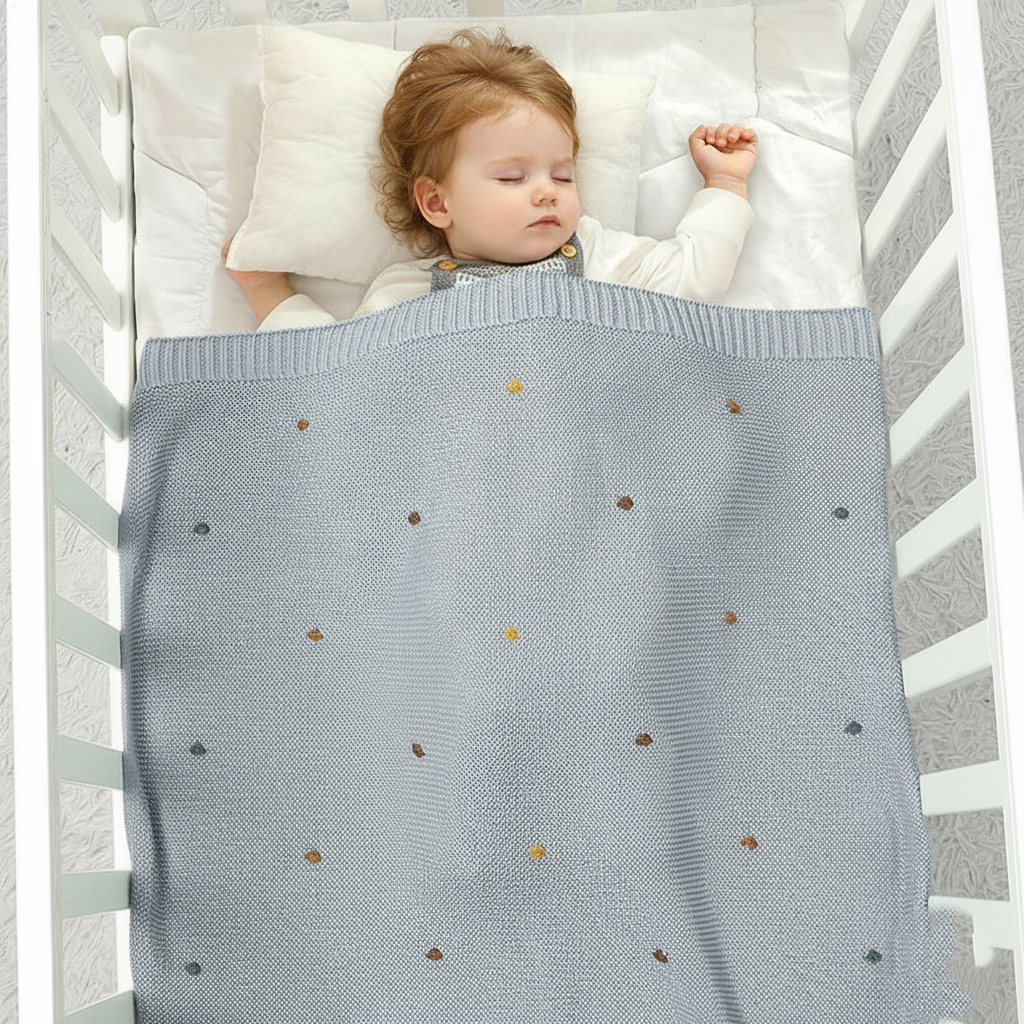 Couverture Bébé Tricot en Coton 70x90 cm Pompons Colorés face