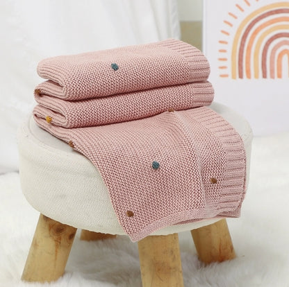 Couverture Bébé Tricot en Coton 70x90 cm Pompons Colorés rose