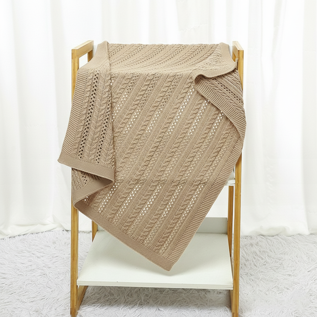 Couverture Bébé Tricot Torsadé Ajouré Respirante Coton 70x90 cm beige