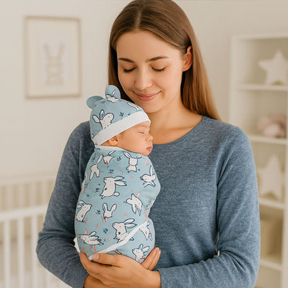 Couverture d’Emmaillotage Bébé 0-6 Mois avec Bonnet à Oreilles lapin bleu