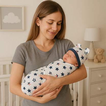 Couverture d’Emmaillotage Bébé 0-6 Mois avec Bonnet à Oreilles étoile