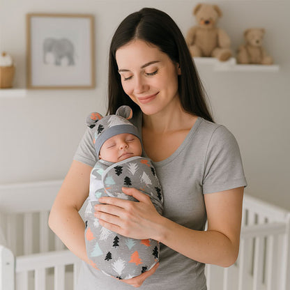 Couverture d’Emmaillotage Bébé 0-6 Mois avec Bonnet à Oreilles gris