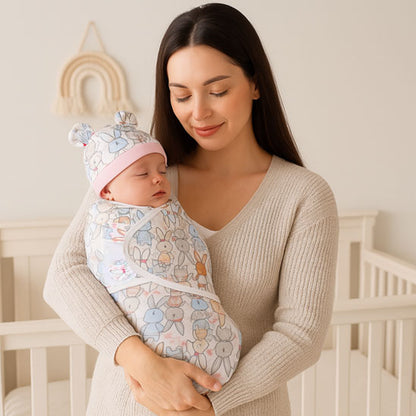 Couverture d’Emmaillotage Bébé 0-6 Mois avec Bonnet à Oreilles lapin rose