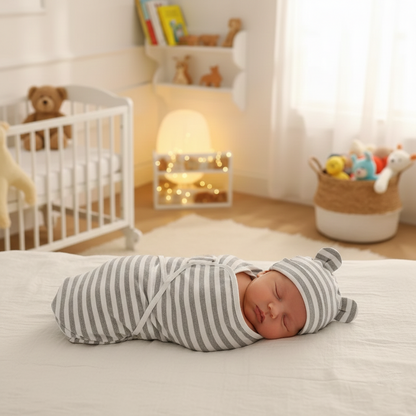 couverture d’Emmaillotage Bébé 0-6 Mois en Coton et Bonnet bébé dans la chambre