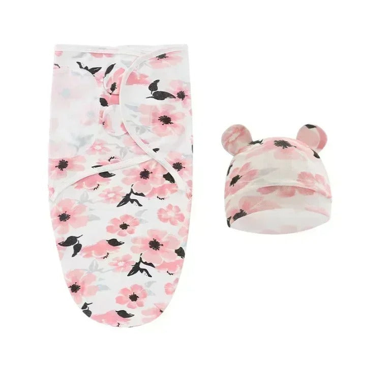 couverture d’Emmaillotage Bébé 0-6 Mois en Coton et Bonnet fleurs