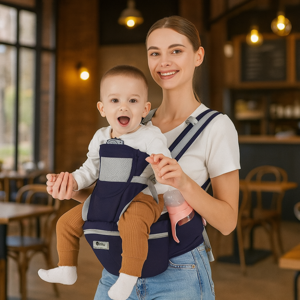 porte bébé physiologique dans café