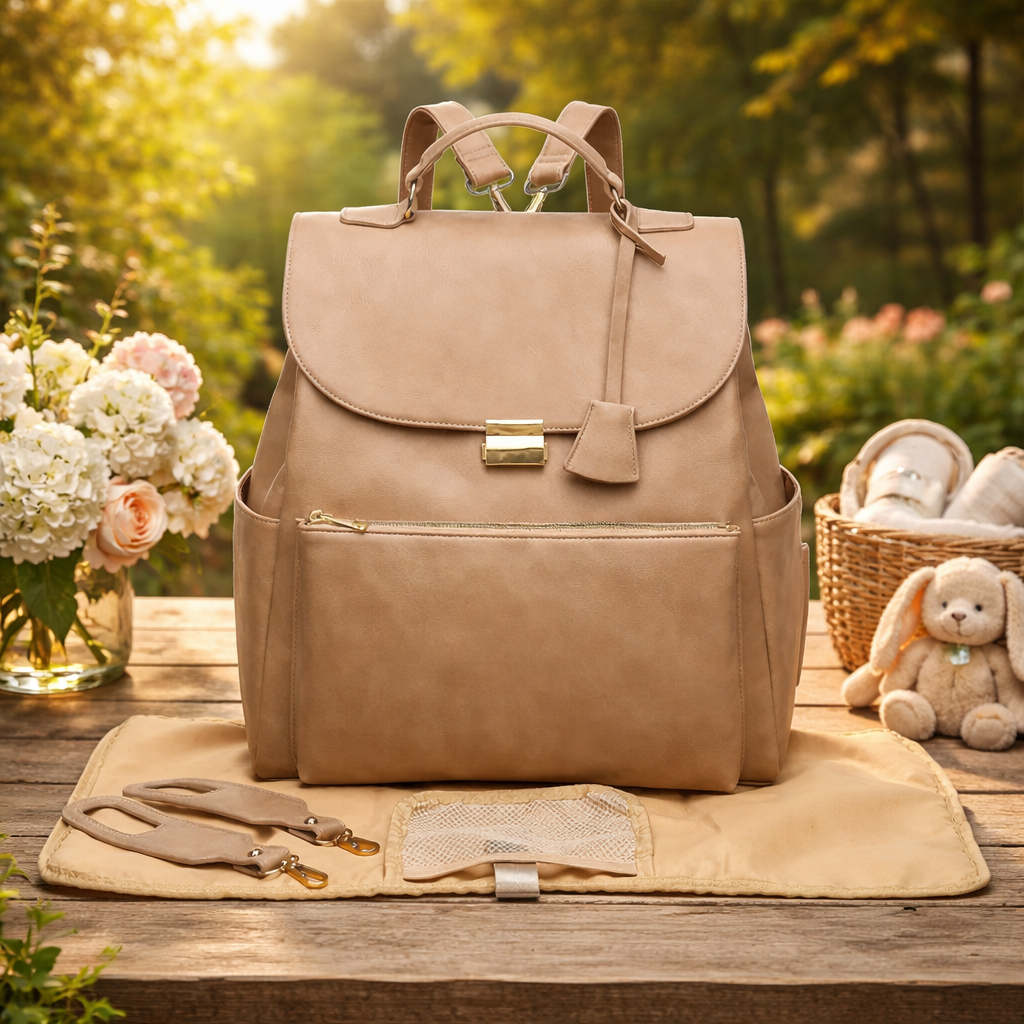 Sac à Langer à Dos Chic Grande Capacité avec Poches Isothermes beige