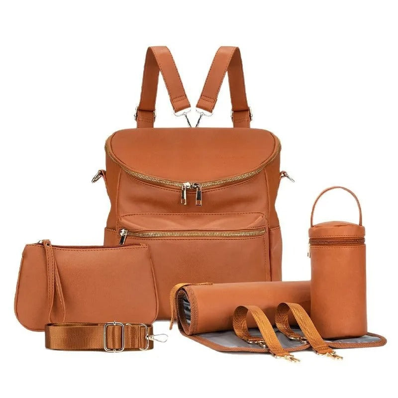 Sac à Langer à Dos Simili Cuir Grande Capacité Trolley marron