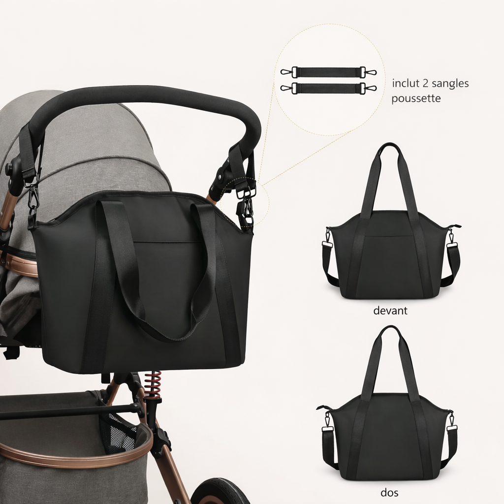 Sac à Langer Bébé Élégant Grande Ouverture et Poches Isothermes sur poussette